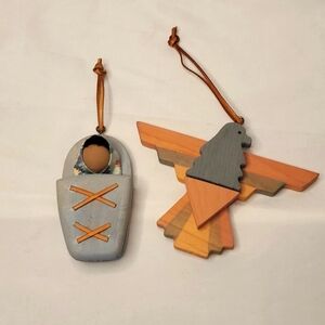 Vintage Ornaments Native Wood Pair Handmade Leather String